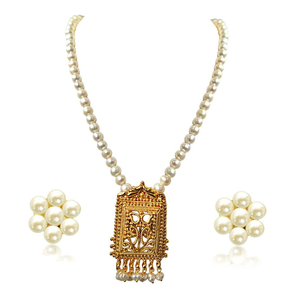 My Special Memories - Gold Plated Pendant & Single Line Real Pearl Necklace with Kuda Jodi Earrings for Women (SN720)