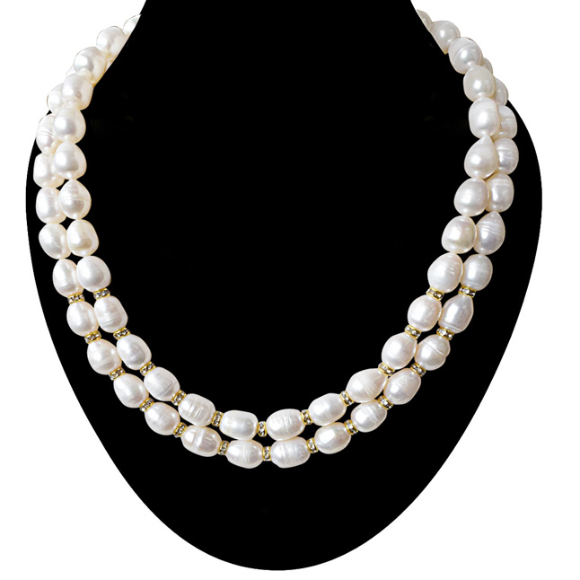 2 Line Heavy Looking Real Big Elongated Pearl and Stone Ring Necklace ...