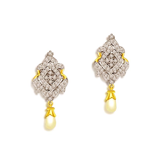 1 00 Cts Two Tone Diamond Pearl Hanging Earrings Surat Diamond Jewelry