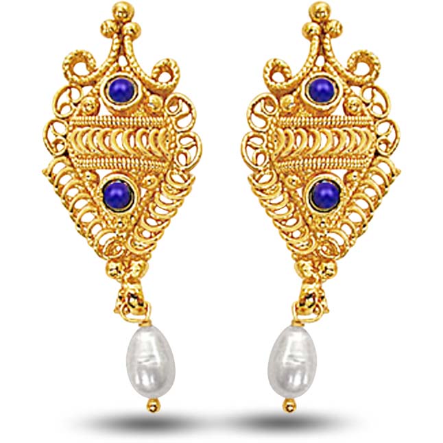 24kt Gold Plated Earrings With Blue Lapiz Freshwater Pearl