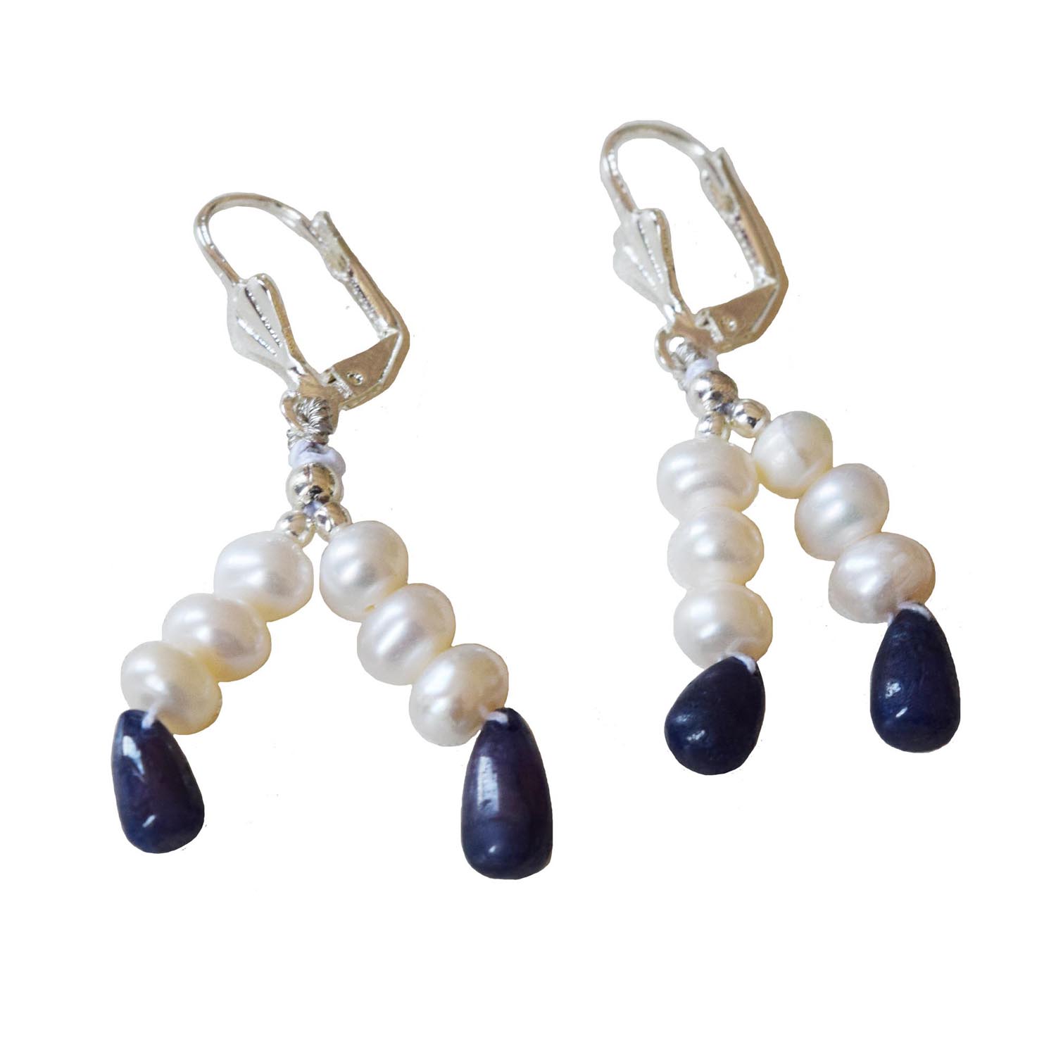 2 Line Freshwater Pearl Sapphire Silver Plated Hanging Earring (SE391)