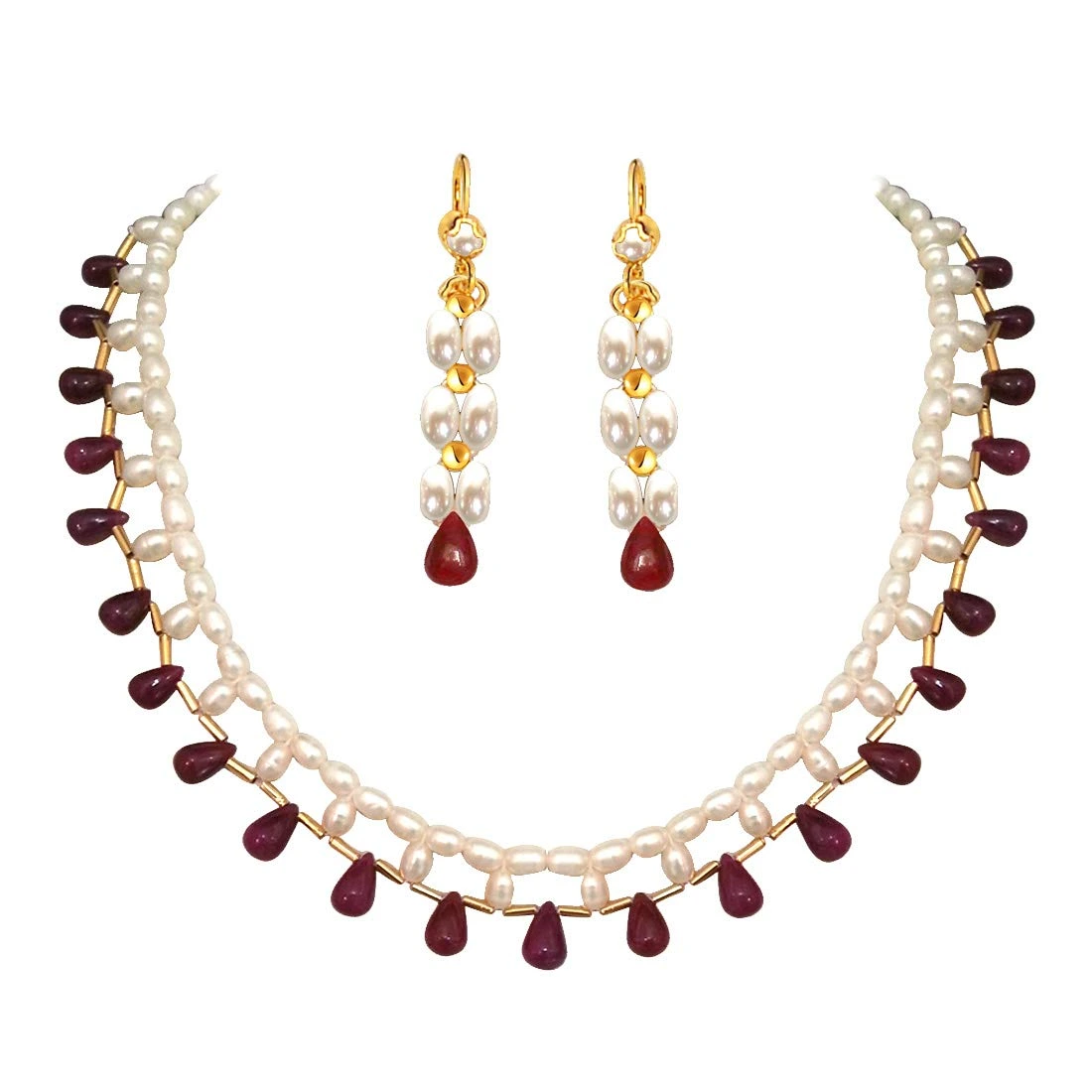 Marvelous - Real Drop Ruby & Rice Pearl Necklace & Earring Set for Women (SN352+SE126)