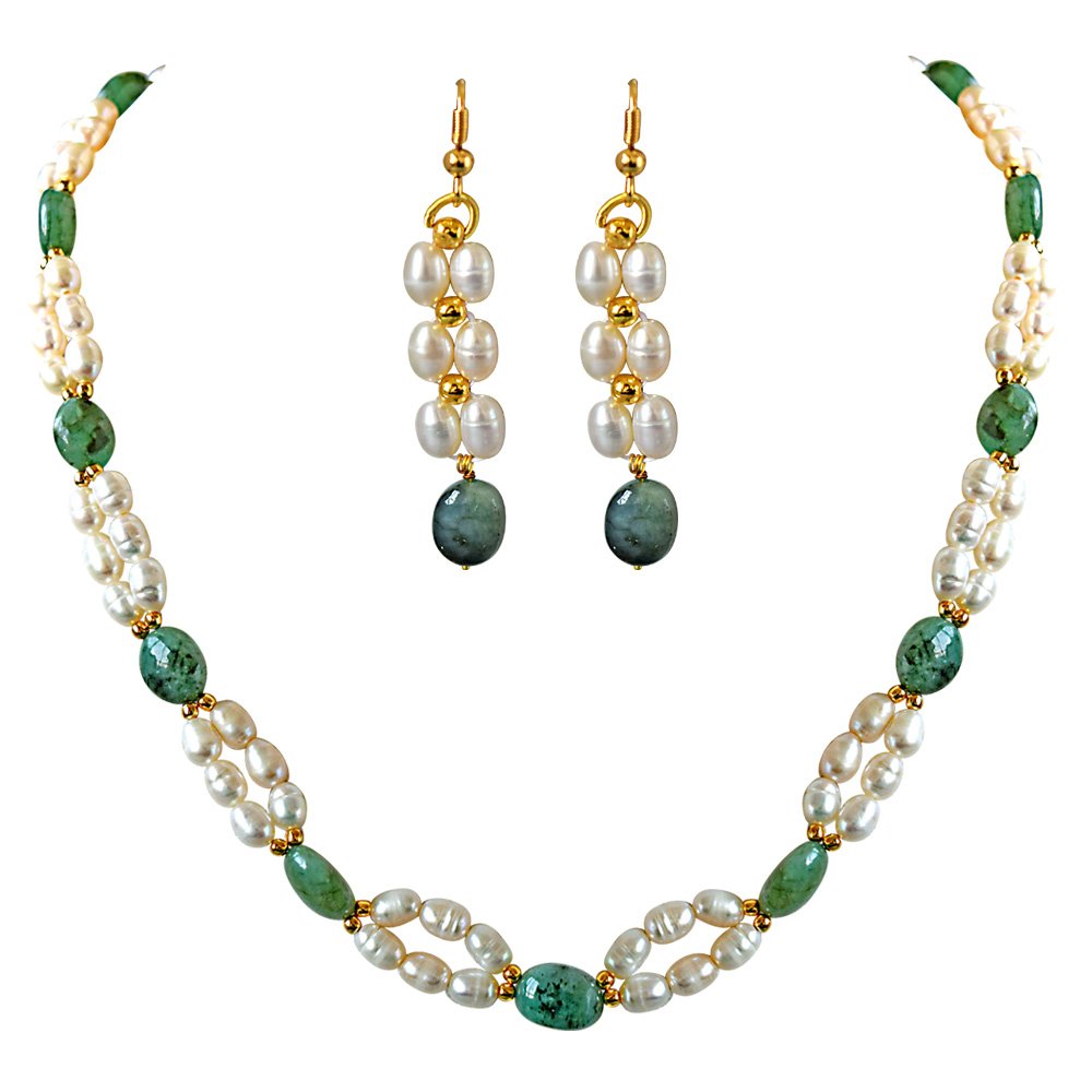 Real Natural Oval Emerald, Rice Pearl & Gold Plated Beads Necklace & Earring Set for Women (SN681)