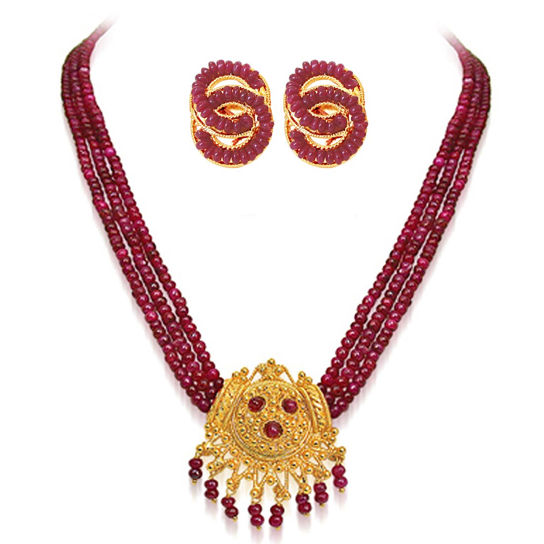 3 Line Real Ruby Beads & Gold Plated Pendant Necklace & Earring Set for Women (SP398)