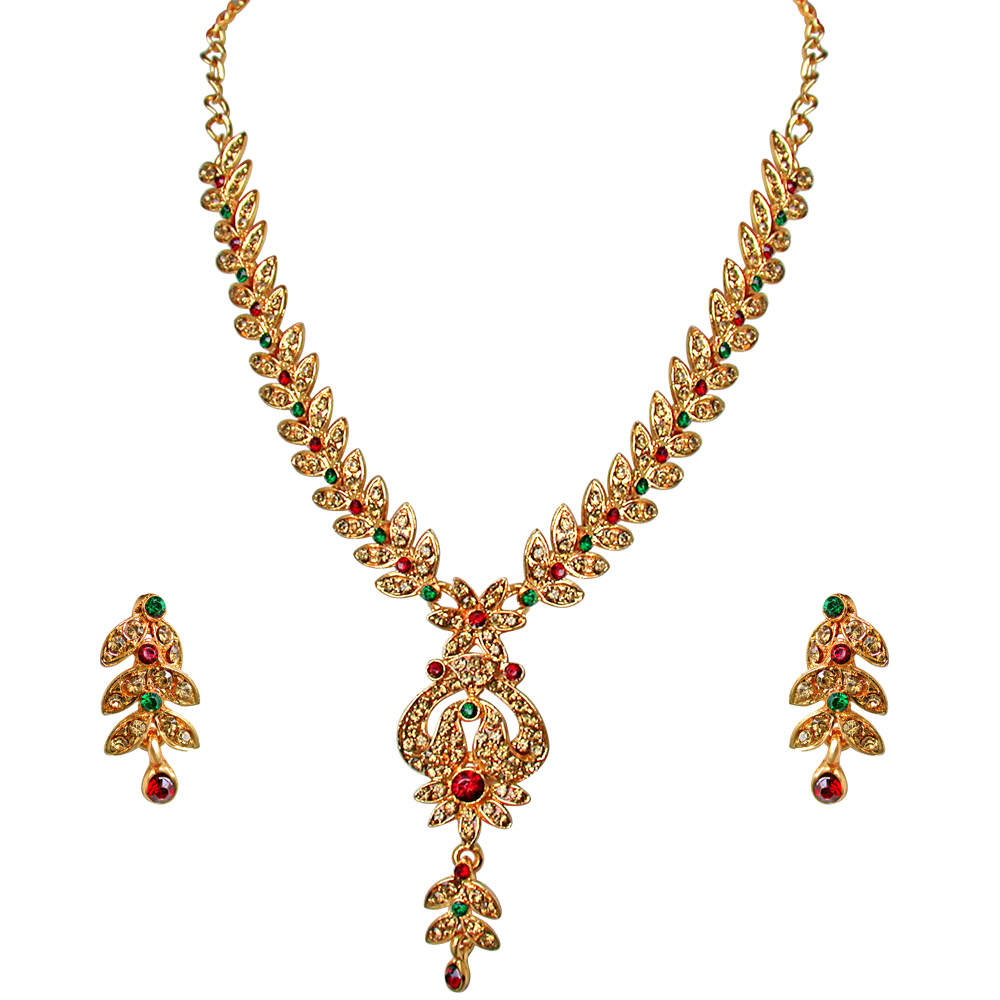 Traditional Red, Green & Yellow Coloured Stone Floral Shaped Necklace & Earring Set (PS259)