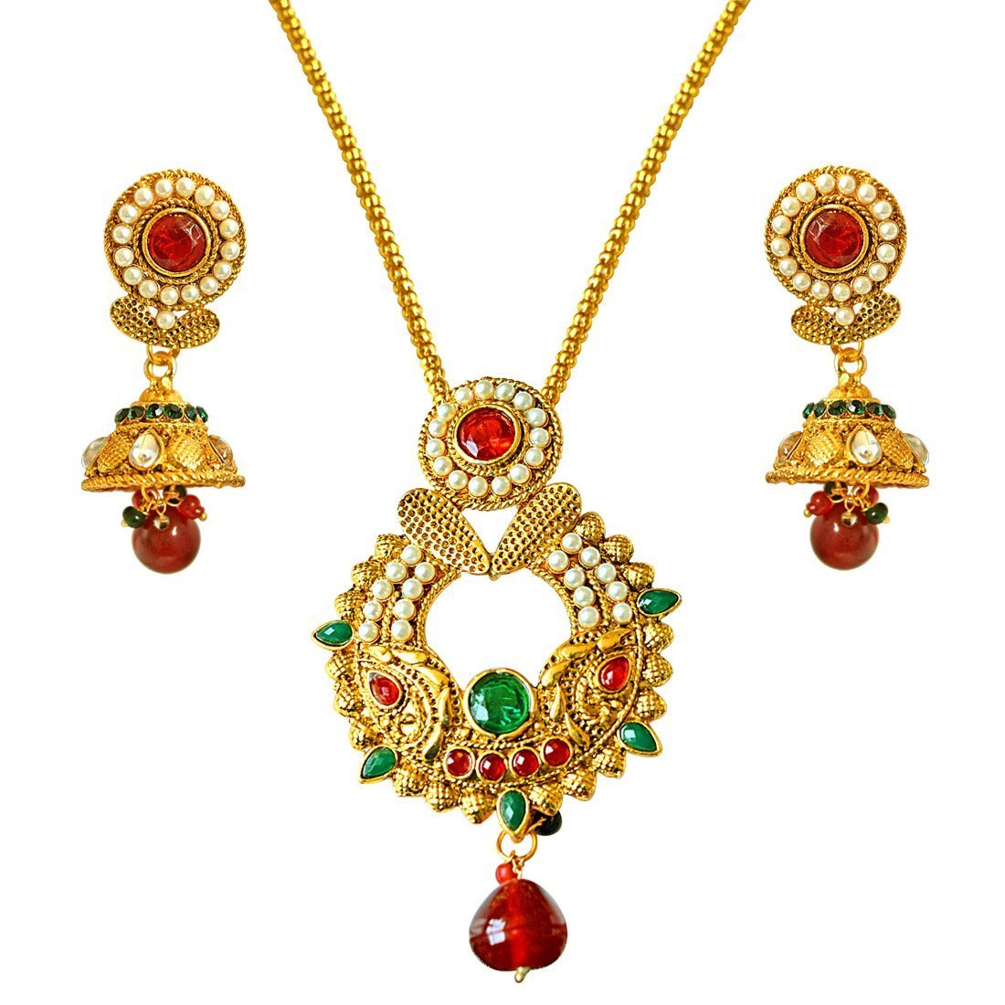 Traditional Red, Green & White Shell Pearl & Gold Plated Pendant Necklace & Earring Set (PS323)