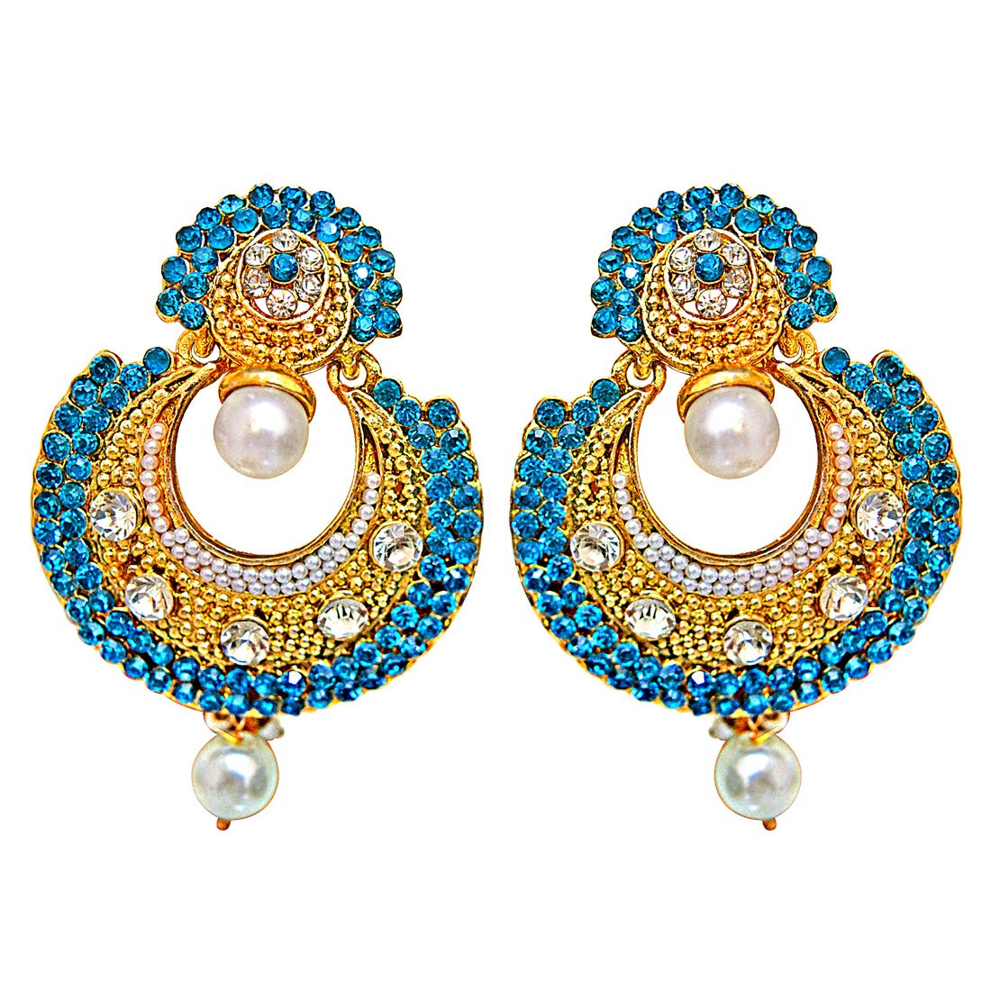 Traditional Round Shaped Blue & White Stone & Gold Plated Dangling Fashion Earrings for Women (PSE9)