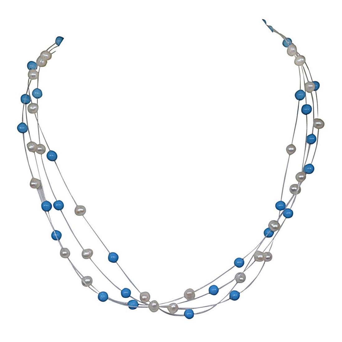 Real 4 Line Real Freshwater Pearl & Turquoise Beads wire Necklace (SN211)