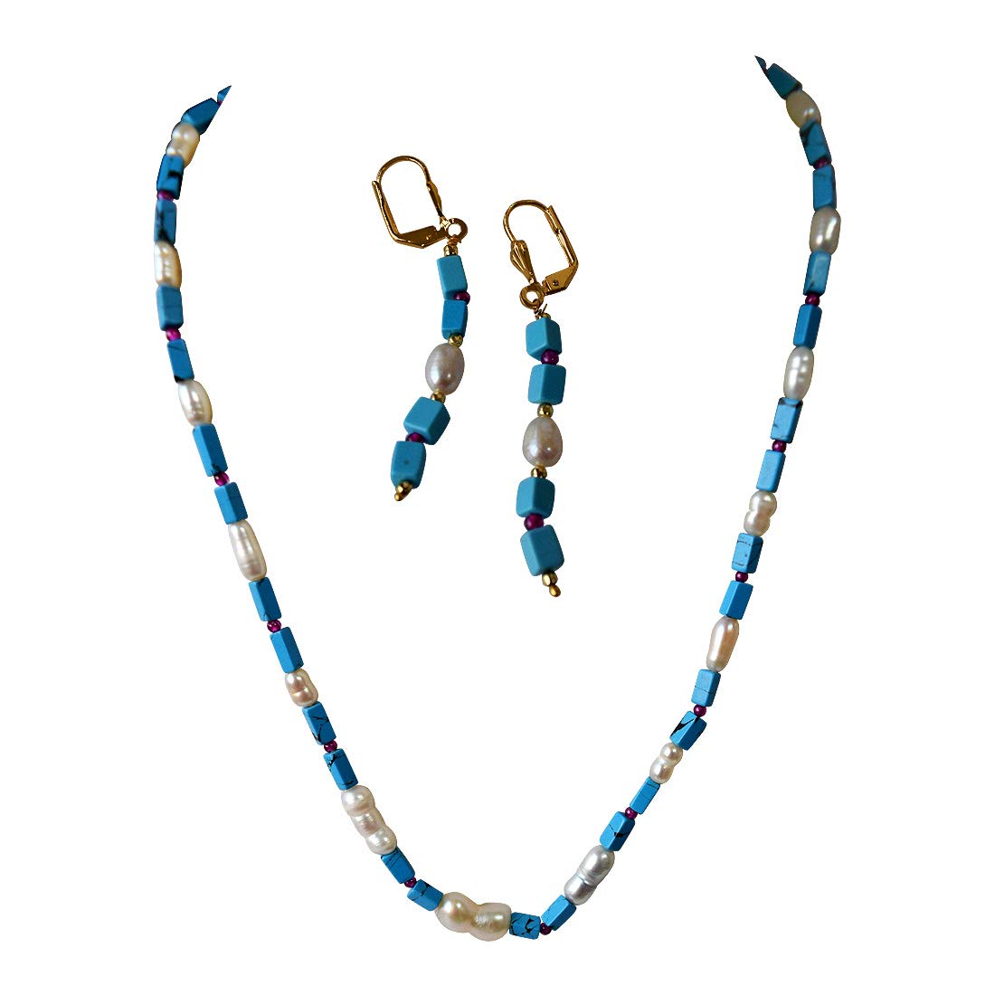 Single Line Blue Turquoise Rectangle Bead & Natural Pearl Necklace with Earrings (SN966)