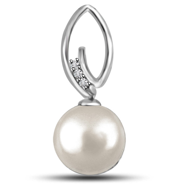 Exotic Real Pearl And Diamond Pendant In 14kt White Gold (P1132) 