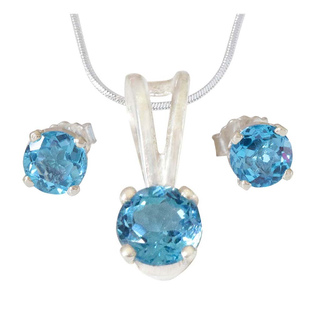 Round Shape Blue Topaz Pendant & Earring Set with Silver finished 18 IN Chain (SDS308+SDE14)