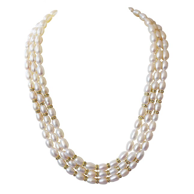 3 Line Real Big Elongated Pearl and Stone Ring Necklace for Women (SN1032)