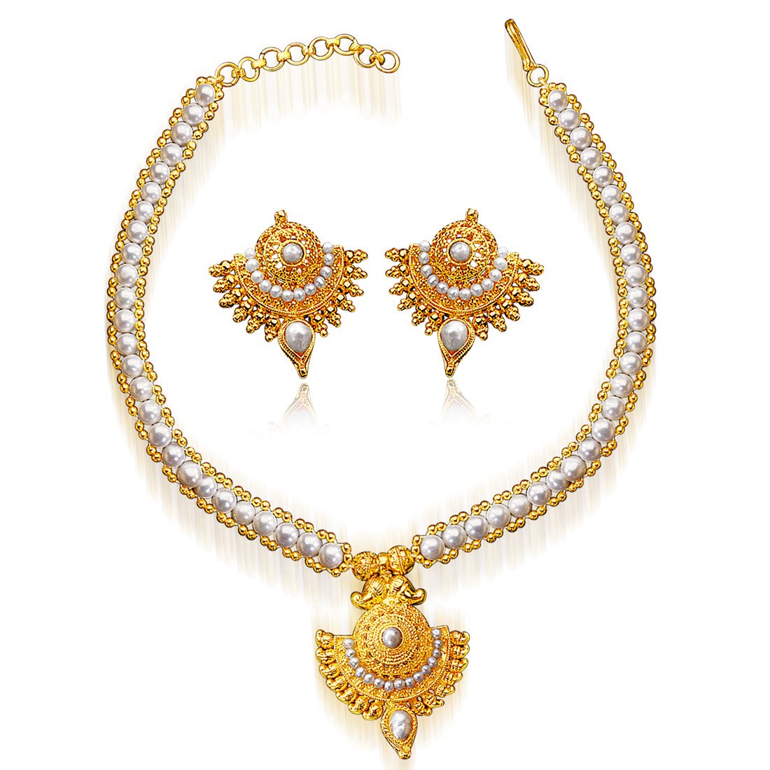 Innocent Wonder - Drop Shaped Gold Plated Pendant & Freshwater Pearl Necklace & Earring Set for Women (SP124)