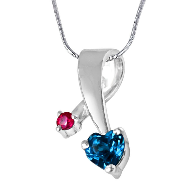 Showers of Blessings Blue Topaz, Red Ruby & 925 Sterling Silver Pendant with 18 IN Chain (SDP303)