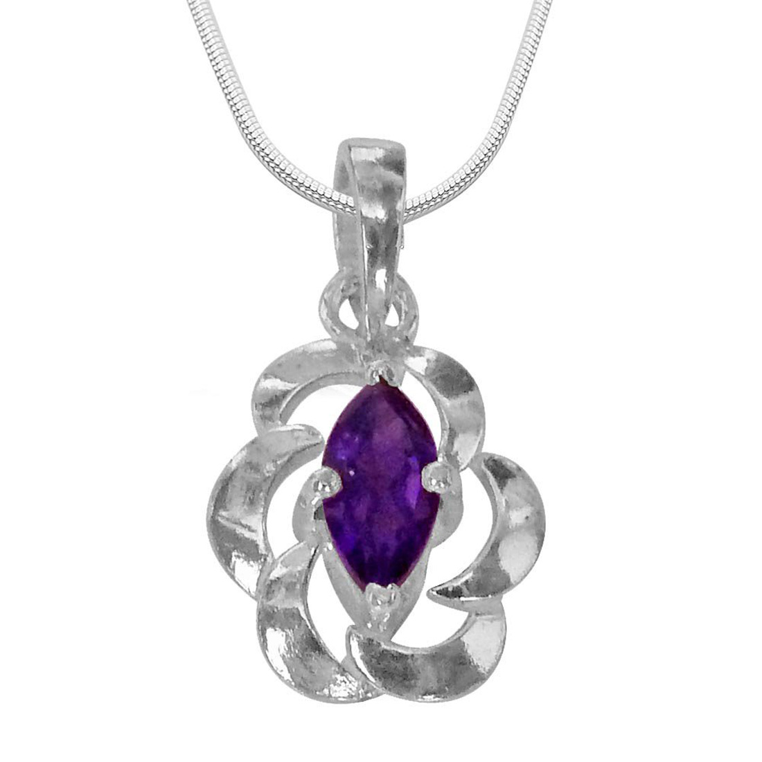 Marquise Shape Purple Amethsyt & Sterling Silver Pendant with Silver Finished Chain for Girls (SDS148)