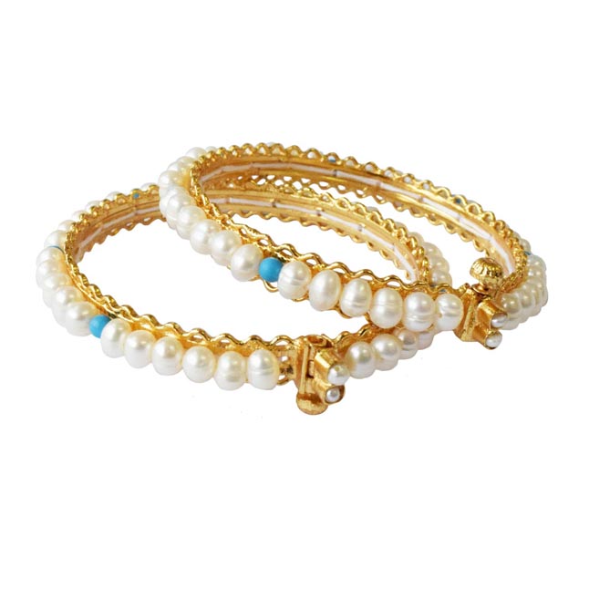 Oceanic Whispers: Freshwater Pearl & Turquoise Harmony Bangles (BGP98)