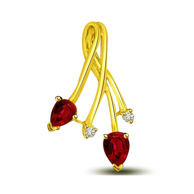 You & Me Real Diamond and Pear shaped Red Ruby Gold Pendant (P824)