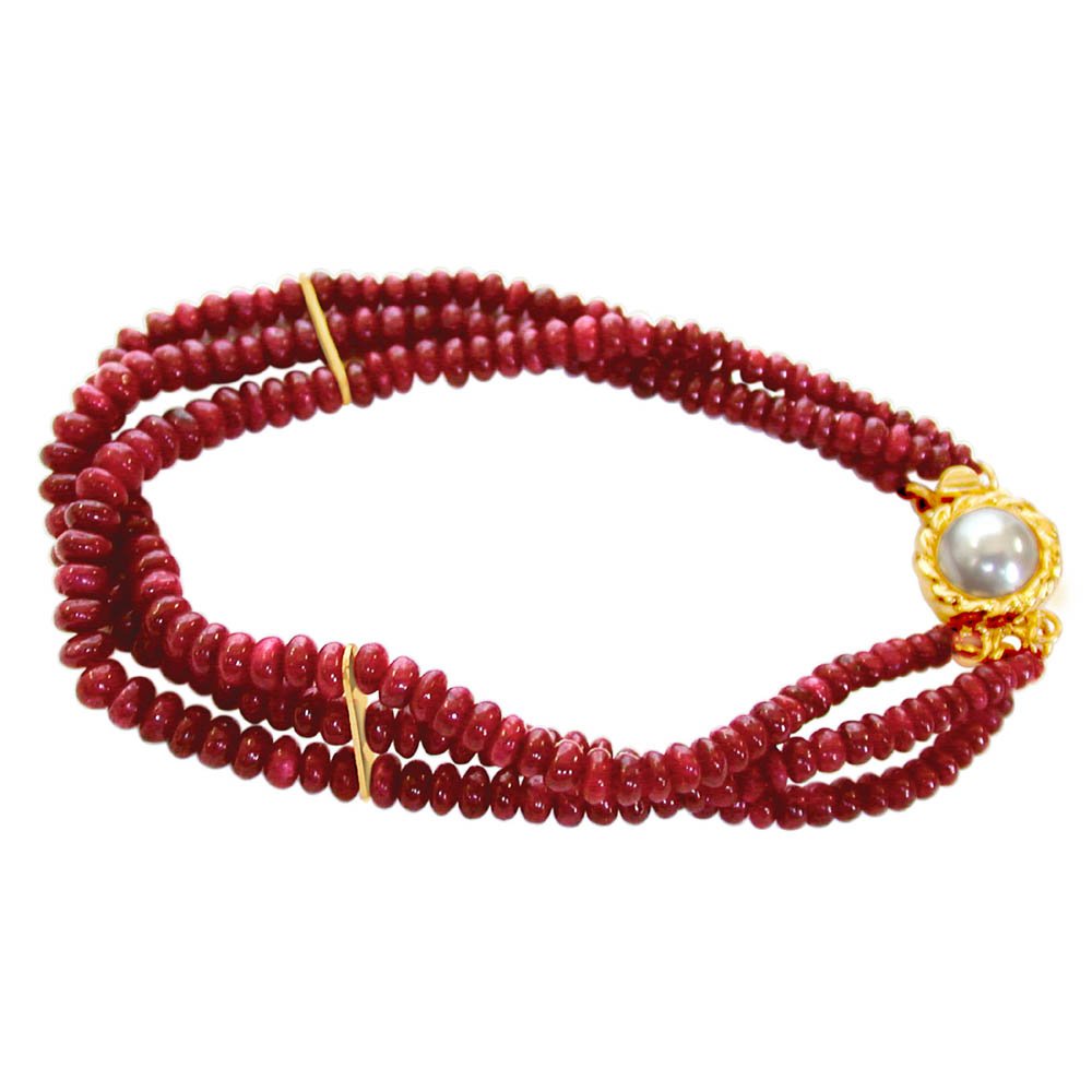 Ruby Drool - 3 Line Real Red Ruby Beads Bracelet for Women (SB25)