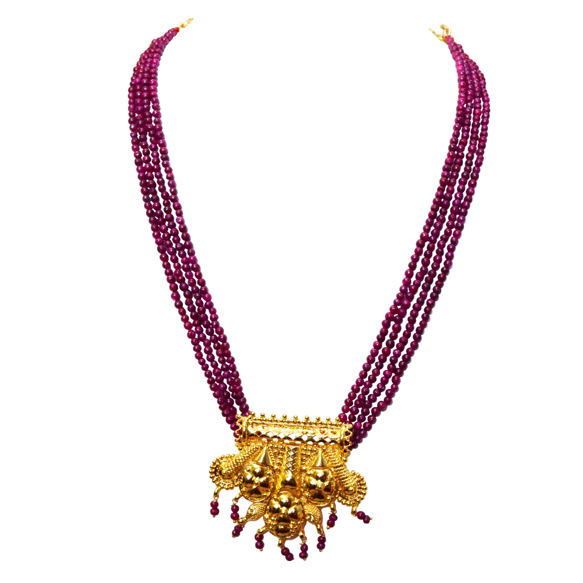 4 Line Real Red Ruby Beads & Gold Plated Pendant Necklace for Women (RBN21)