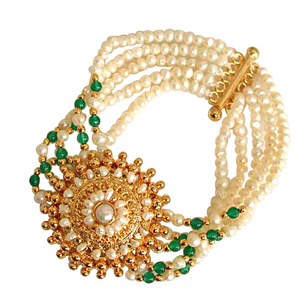 Angelic Beauty - 5 Line Freshwater Pearl, Green Onyx & Gold Plated Pendant Bracelet for Women (SB18)