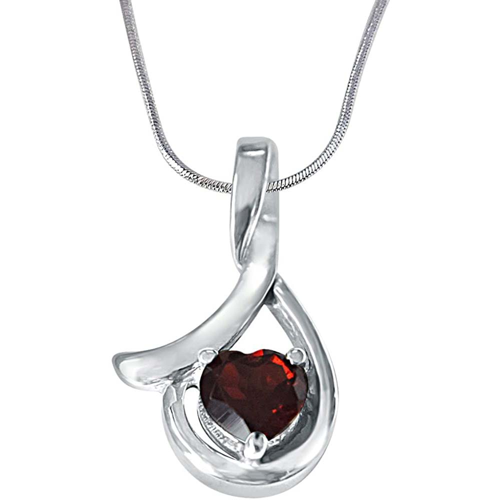 Heart Shaped Red Garnet & Sterling Silver Pendant with Silver Finished Chain for Girls (SDS131)