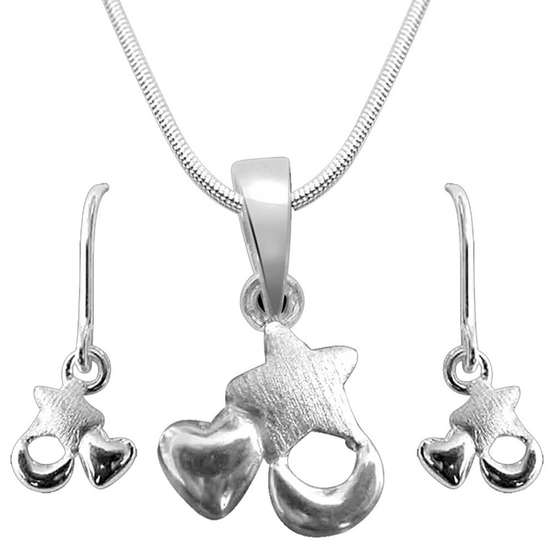 Star, Heart & Moon Shape Hanging Pendant & Earring Set with Silver Finished Chain for Girls (SDS29+SDS34)