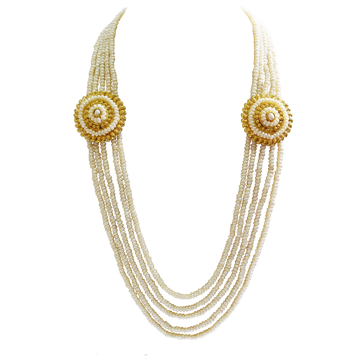 5 Line Real Freshwater Pearl & 2 Gold Plated Pendant Maharani Necklace for Women (SN975) 