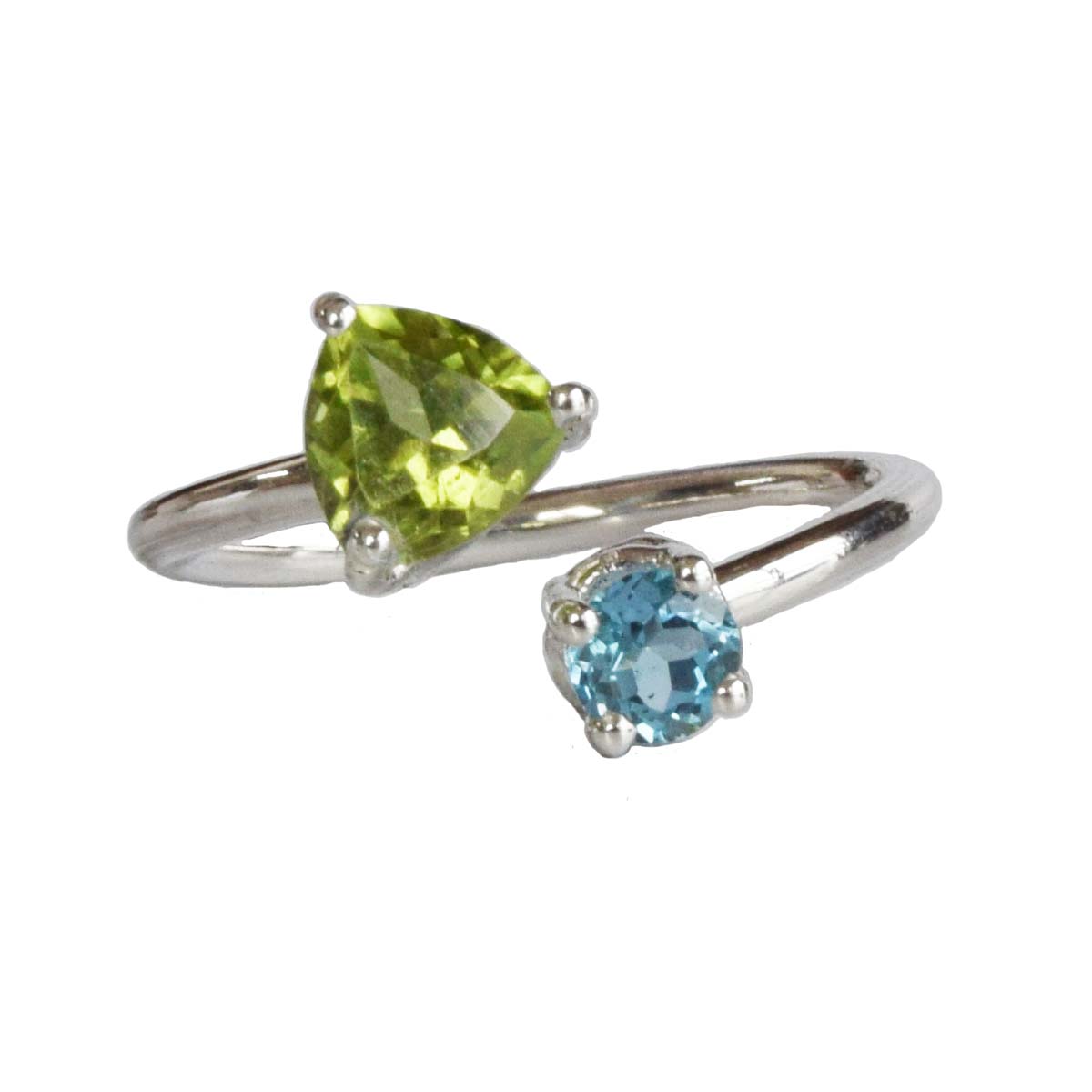 Enchanting Elegance: Trillion Green Peridot & Blue Topaz Silver Ring (GSR72)