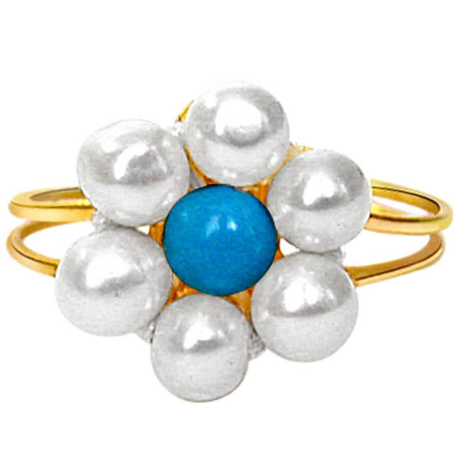 Flower Shape Real Freshwater Pearl & Turquoise Bead Adjustable Ring for Women (Ring-4)