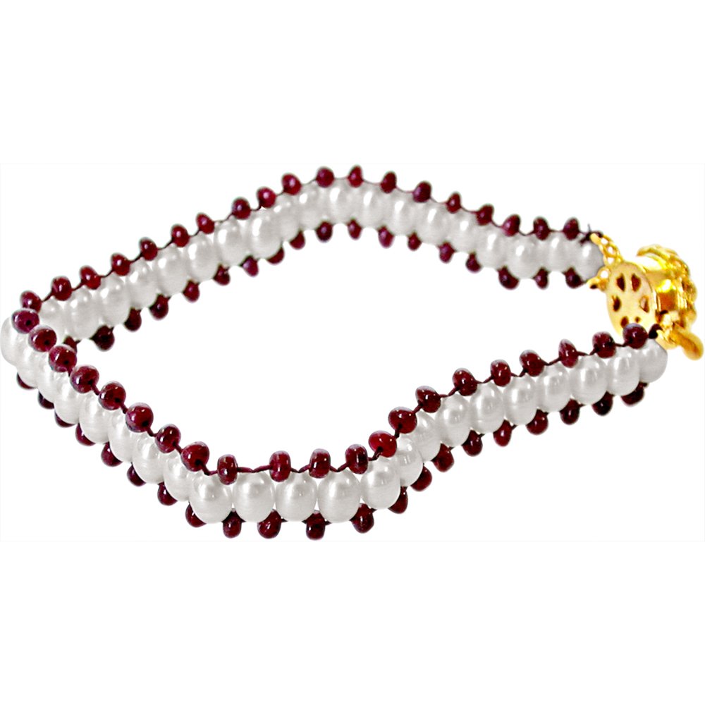 Ruby Charm n Pearl Magic - Real Ruby & Rice Pearl Bracelet for Women (SB28)