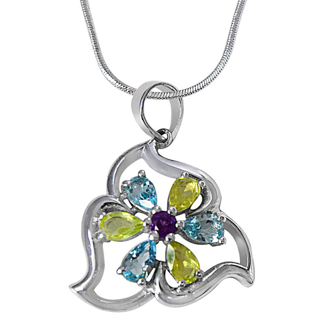 Flower Shaped Green Peridot, Blue Topaz & Purple Amethyst in 925 Sterling Silver Pendant with 18 IN Chain (SDP496)