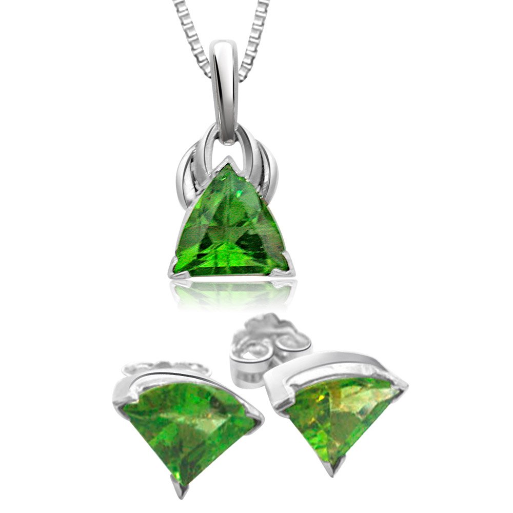 Trillion Shape Green Peridot Gemstone & Sterling Silver Pendant (SDS94+SDS95)