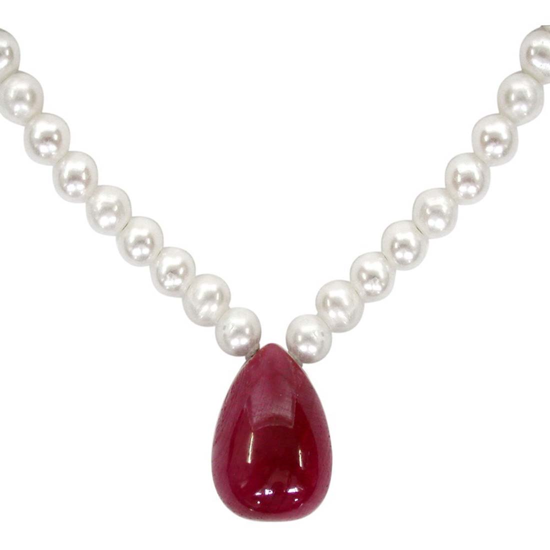 Lovely Ruby - Single Drop Ruby & Freshwater Pearl Necklace for Women (SN129)