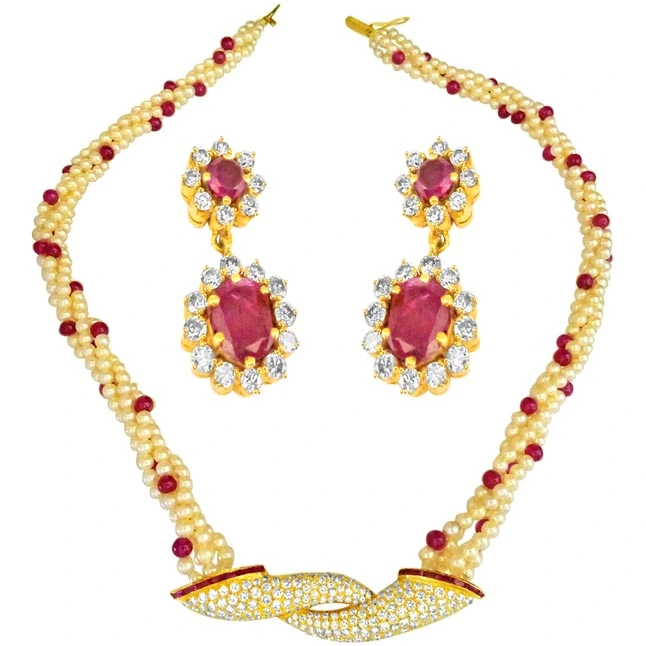 Cultured Elegance Diamond & Ruby Necklace Set (DS15)