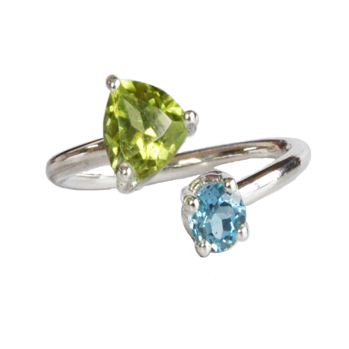 Enchanting Elegance: Trillion Green Peridot & Blue Topaz Silver Ring (GSR72)