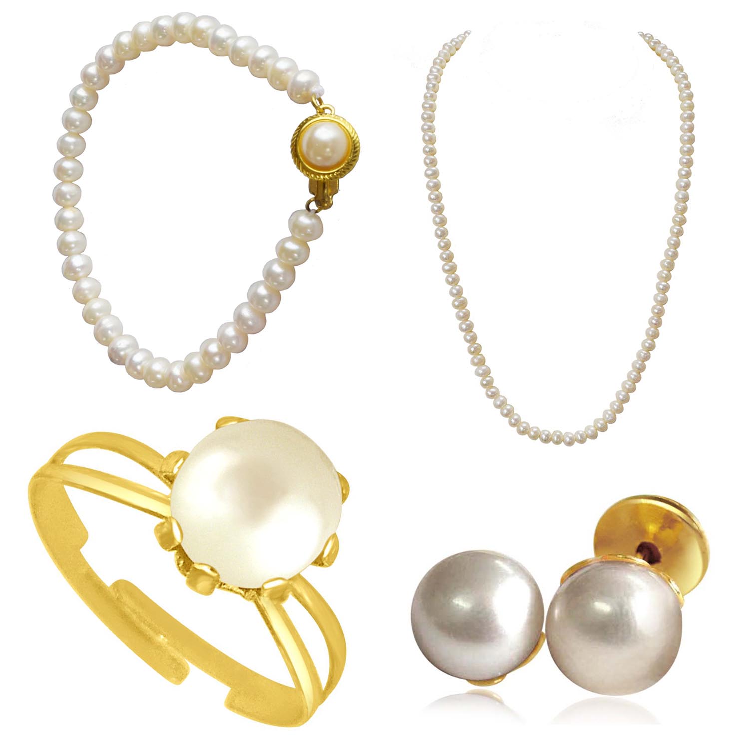 Single Line Real Natural Freshwater Pearl Necklace, Earrings, Ring, Bracelet Set (H1961)