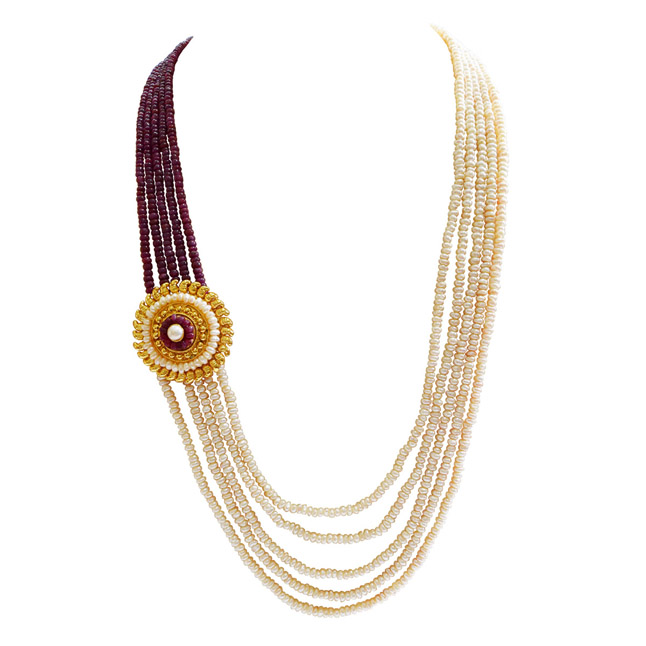 5 Line Real Freshwater Pearl Gold Plated Pendant Maharani Necklace (SN976)