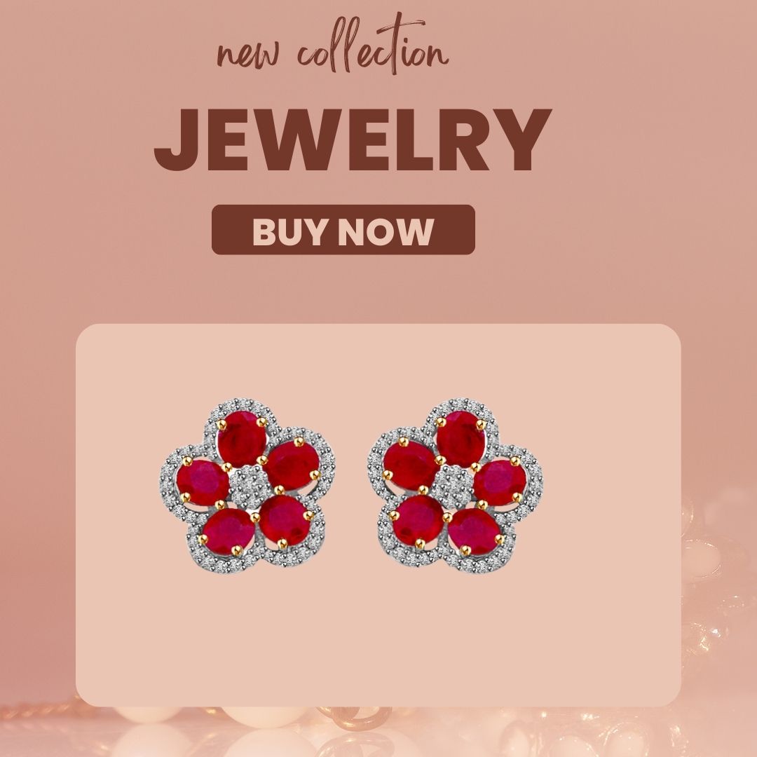 Floral Tristar Ruby & Diamond Two Tone Gold Earrings for My Lady love (ER423)