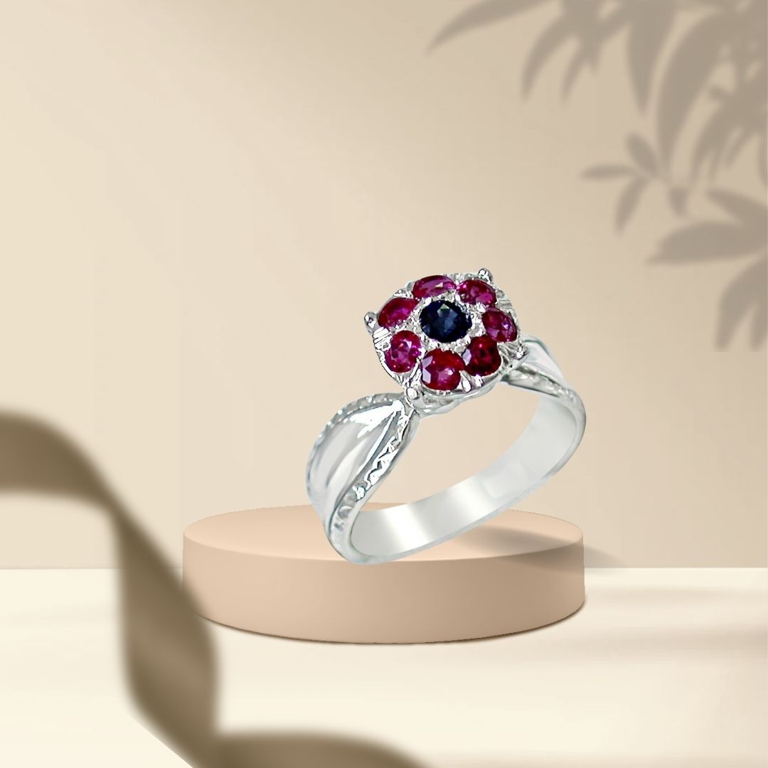 Blue sapphire & Red Ruby in Flower Shaped Silver Ring (GSR46)