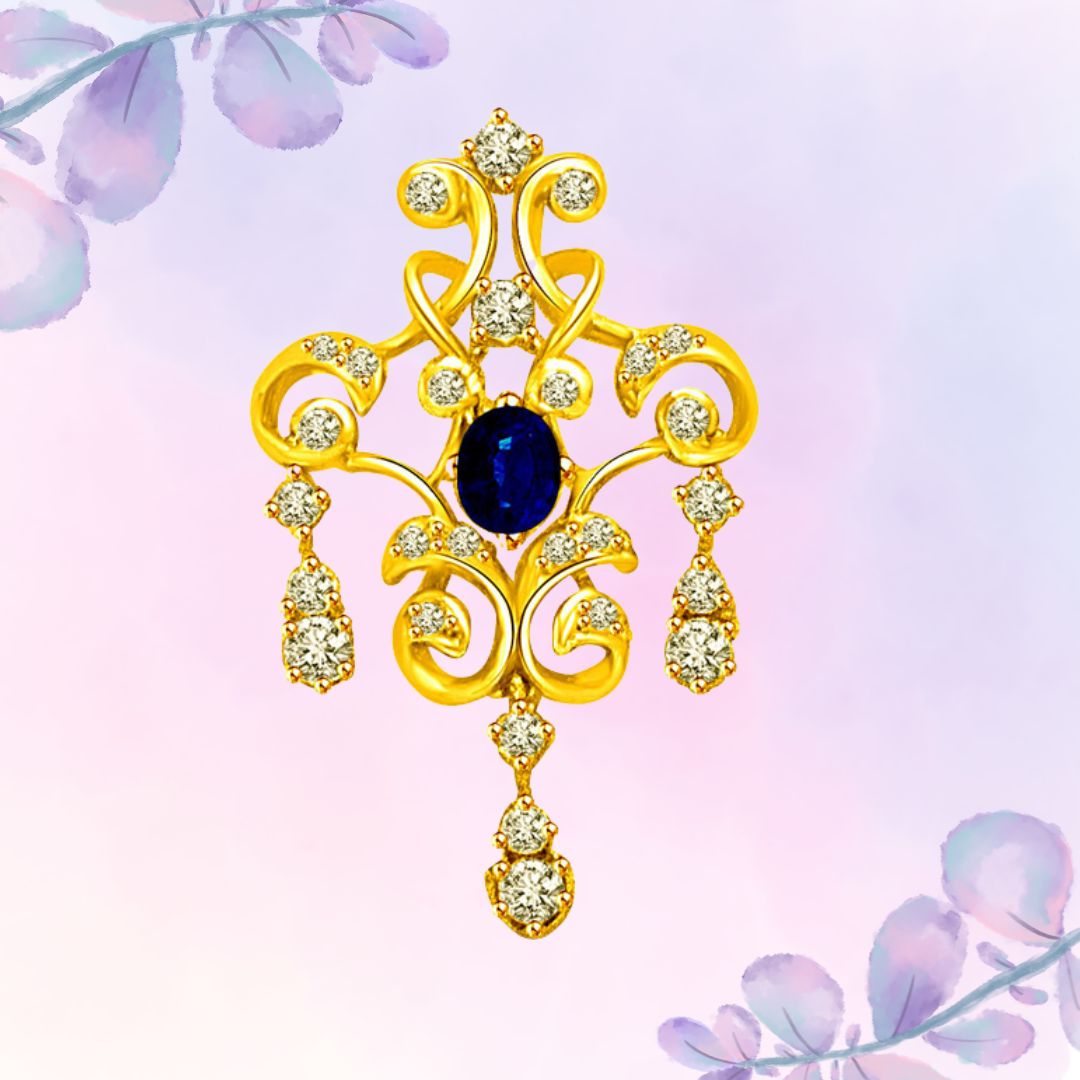 Glittery Floral Effect 0.28cts Real Oval Sapphire & Diamond 18kt Gold Pendant (P1005)