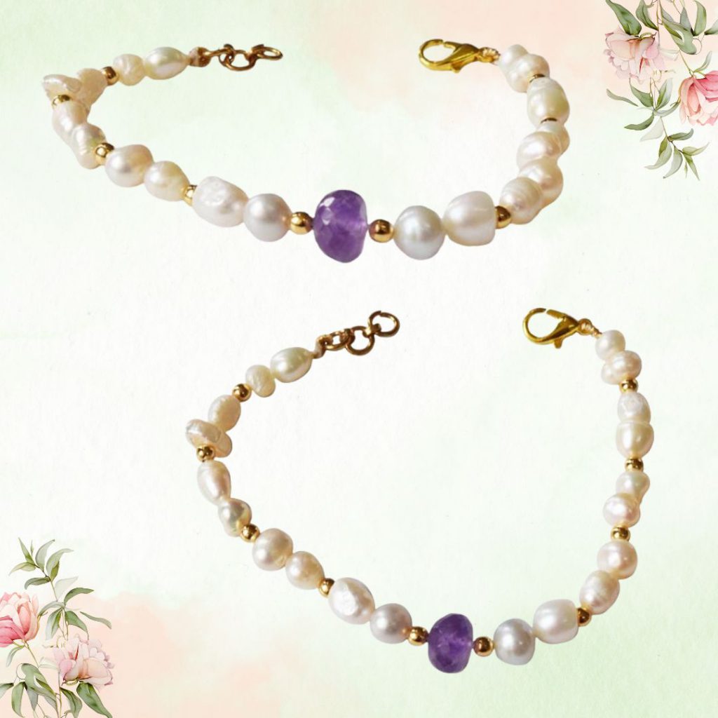 Regal Elegance: Natural White Pearl & Faceted Amethyst Bracelet with Gold-Plated Clasp for Her - Timeless Luxury and Charm (SB86)