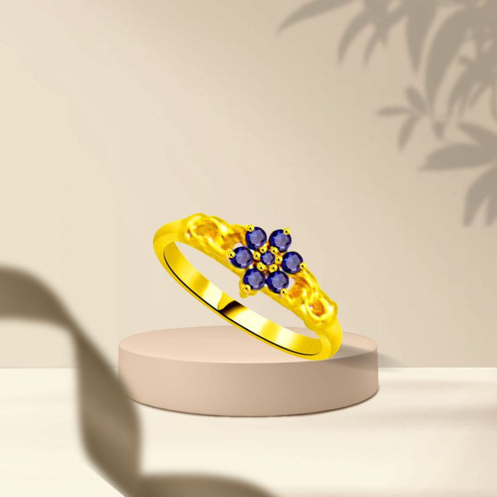 Blue Flower in Ocean Real Sapphire Gold Ring (SDR1128)