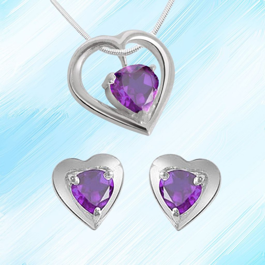 Heart Shape Purple Amethyst Pendant & Earring Set with Silver finished Chain for Women (SDS117)