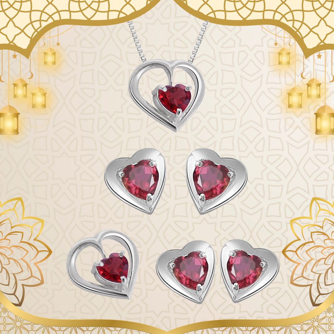 Heart Shape Red Garnet Pendant & Earring Set with Silver finished Chain for Girls (SDS115)