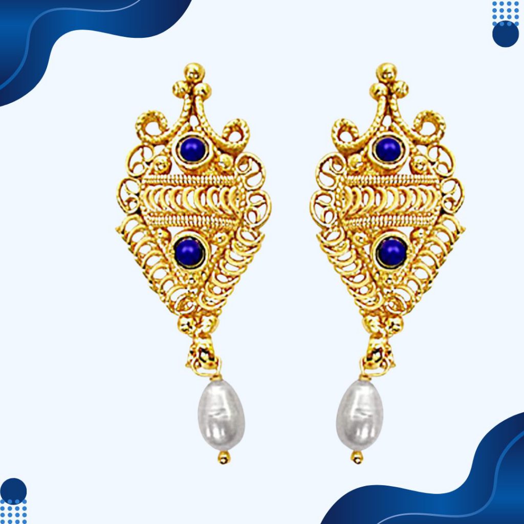 Fancy Shaped Freshwater Pearl, Blue Lapiz & Gold Plated Earrings for Women (SE139)