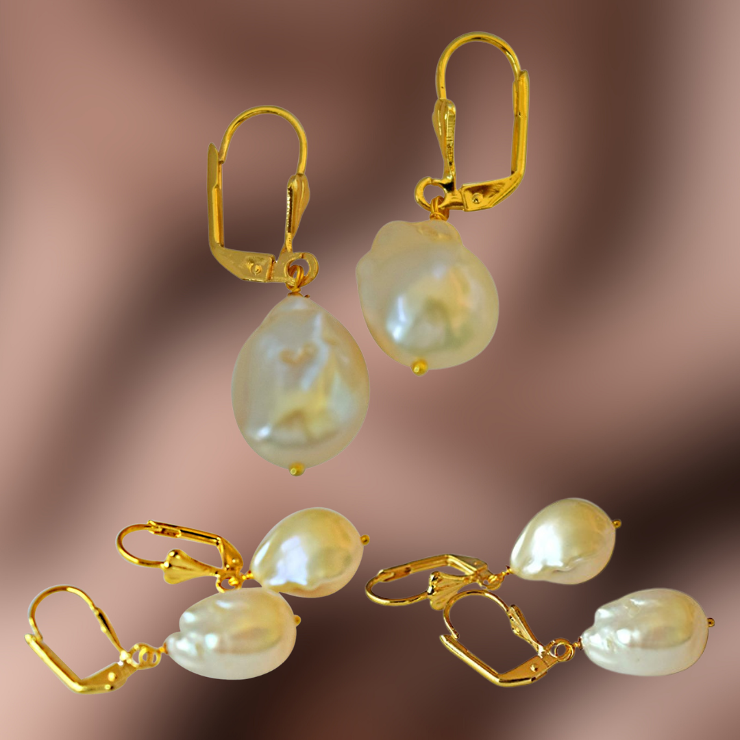 Unique Shaped Real Natural Peach Coloured Baroque Pearl & Gold Plated Hanging Earring (SE233-42)