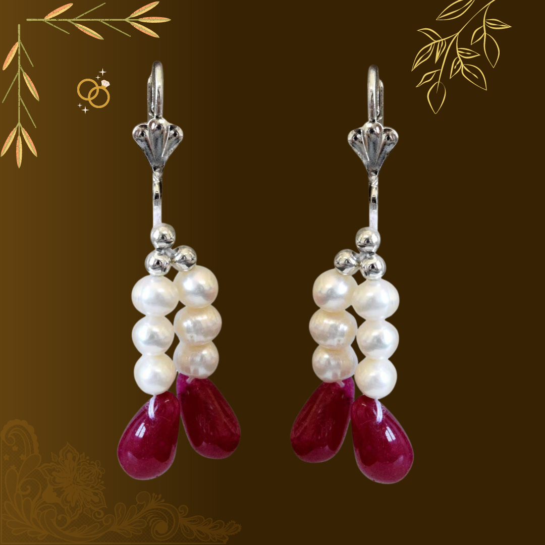 2 Lines Real Ruby Drops & Freshwater Pearl Earrings for Women (SE346)