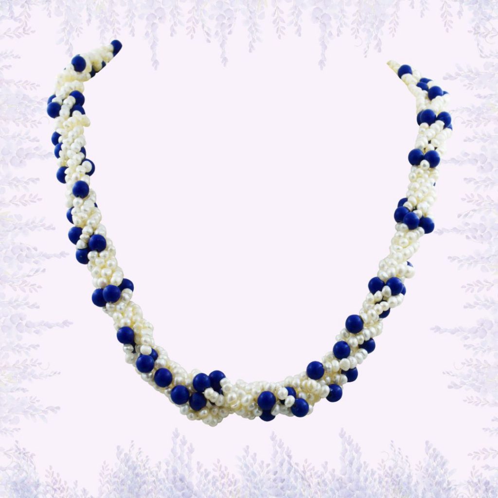 5 Line Twisted Real Pearl & Blue Lapiz Beads Necklace for Women (SN1055)