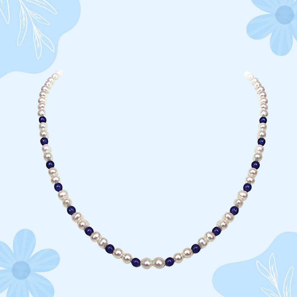 Regalia - Single Line Real Freshwater Pearl & Blue Lapiz Beads Necklace for Women (SN19)