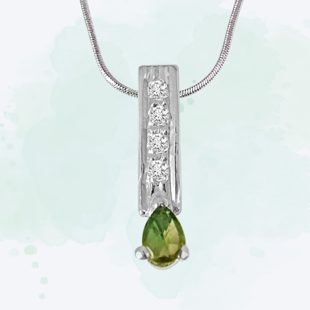 Trendy Pear Shaped Green Tourmaline, Round White Topaz and 925 Sterling Silver Pendant with 18 IN Chain (SDP422)